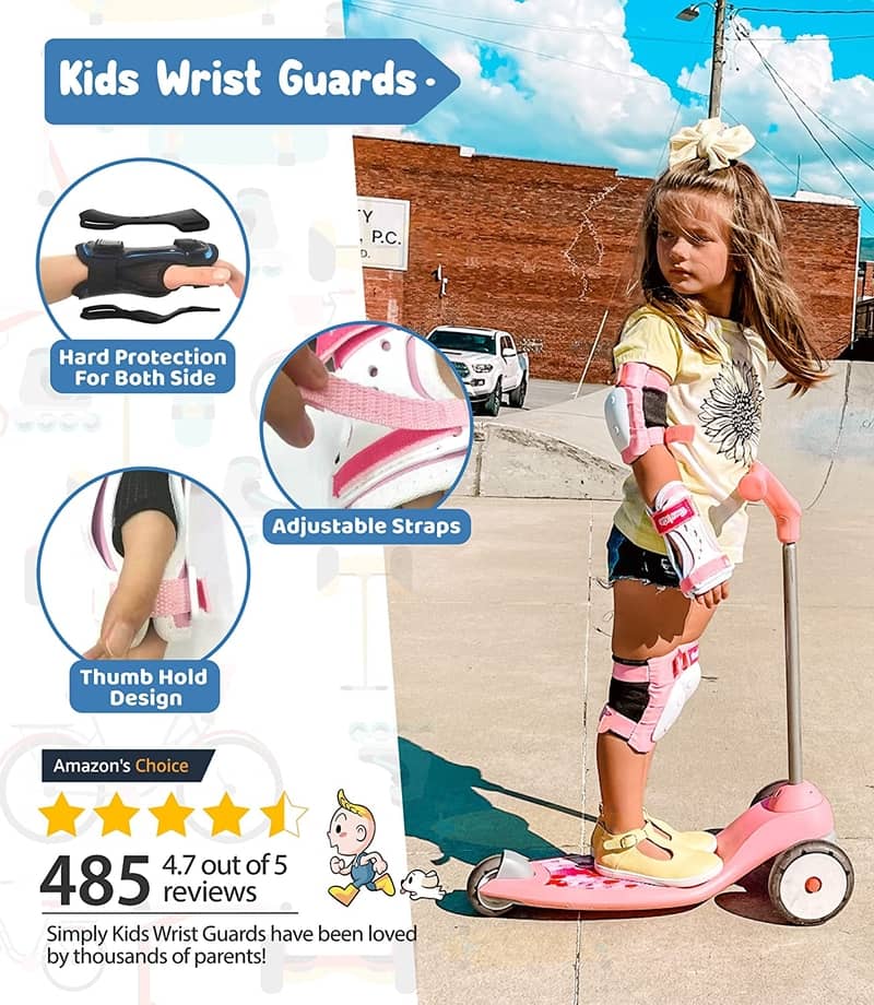 [2021 New Model] Simply Kids HardSoft Knee and Elbow Pads with Wrist Guards (Pink)