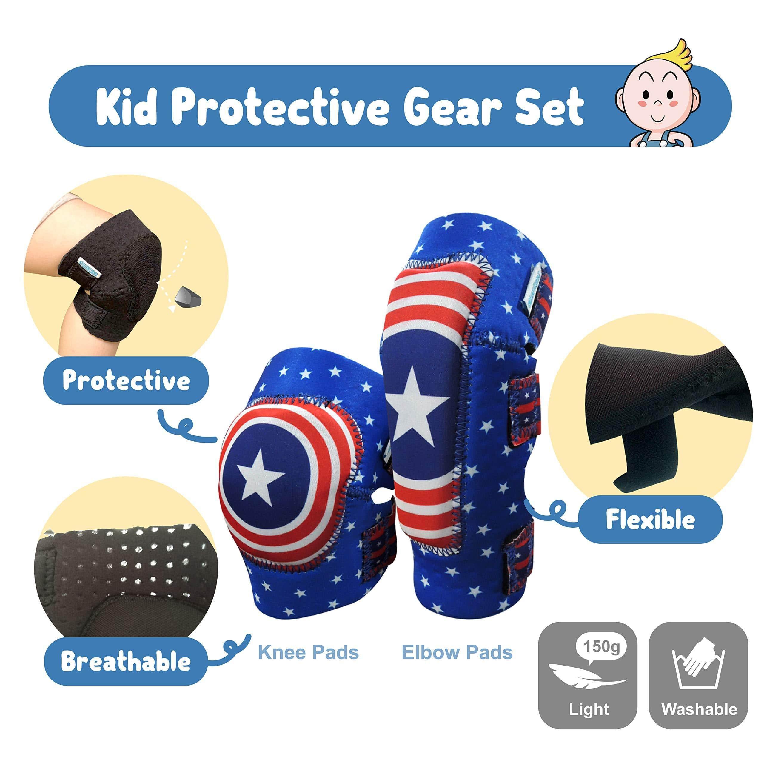 [1st Gen.] Innovative Soft Kids Elbow and Knee Pads with Bike Gloves (Captain USA)