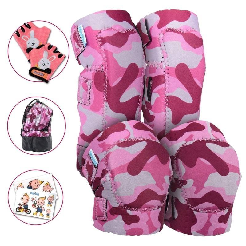 (Pink Camo) Innovative Soft Kids Knee Pads and Elbow Pads with Bike Gloves - Simply Kids