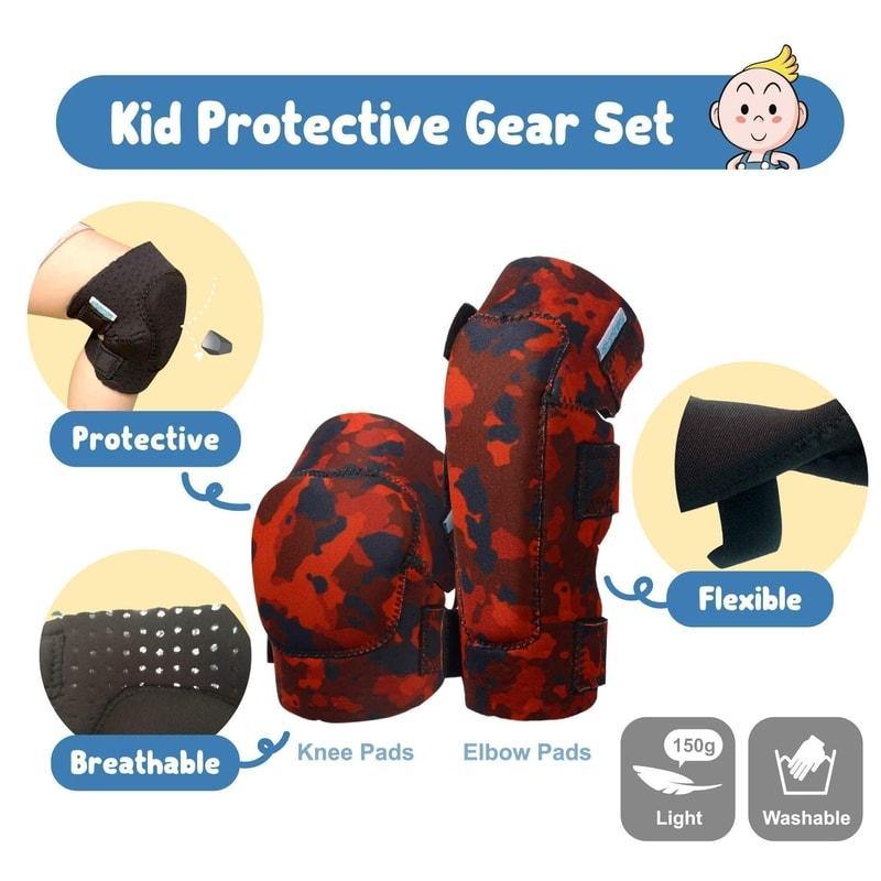[1st Gen.] Innovative Soft Kids Elbow and Knee Pads with Bike Gloves (Fire Camouflage)