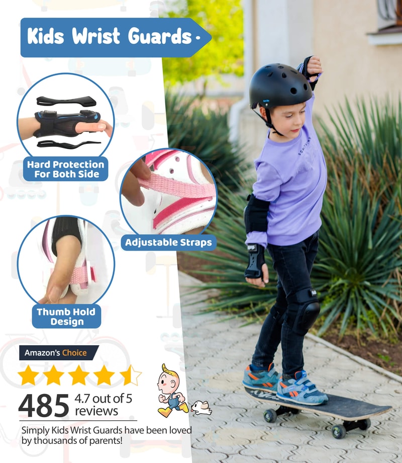 [2021 New Model] Simply Kids HardSoft Knee and Elbow Pads with Wrist Guards (Black)
