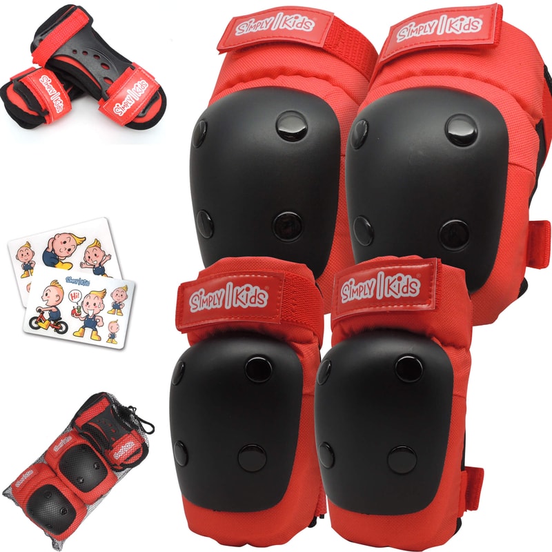[2021 New Model] Simply Kids HardSoft Knee and Elbow Pads with Wrist Guards (Red)