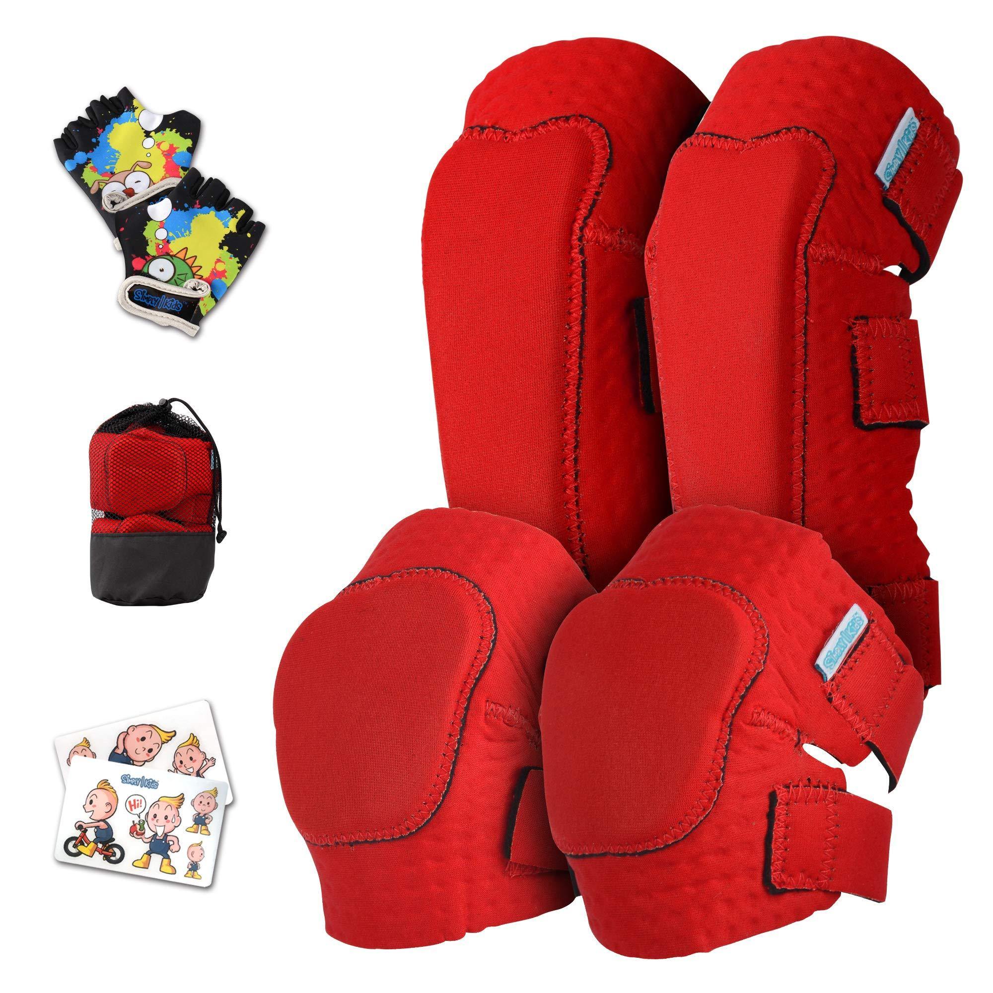 (Pure Red) Innovative Soft Kids Knee and Elbow Pads with Bike Gloves - Simply Kids