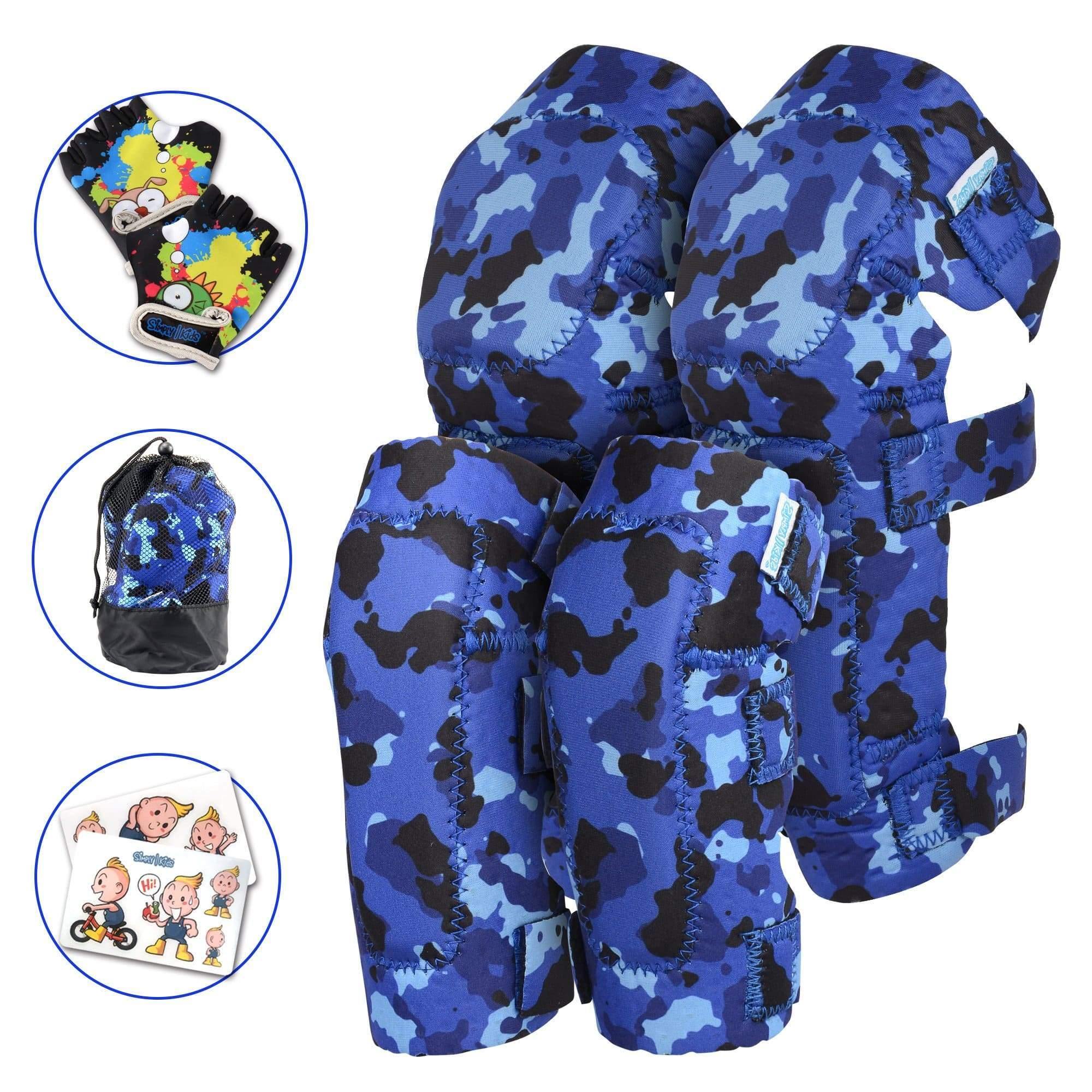 (Ocean Camo) 2nd Gen - Innovative Soft Kids Knee Pads and Elbow Pads with Bike Gloves - Simply Kids