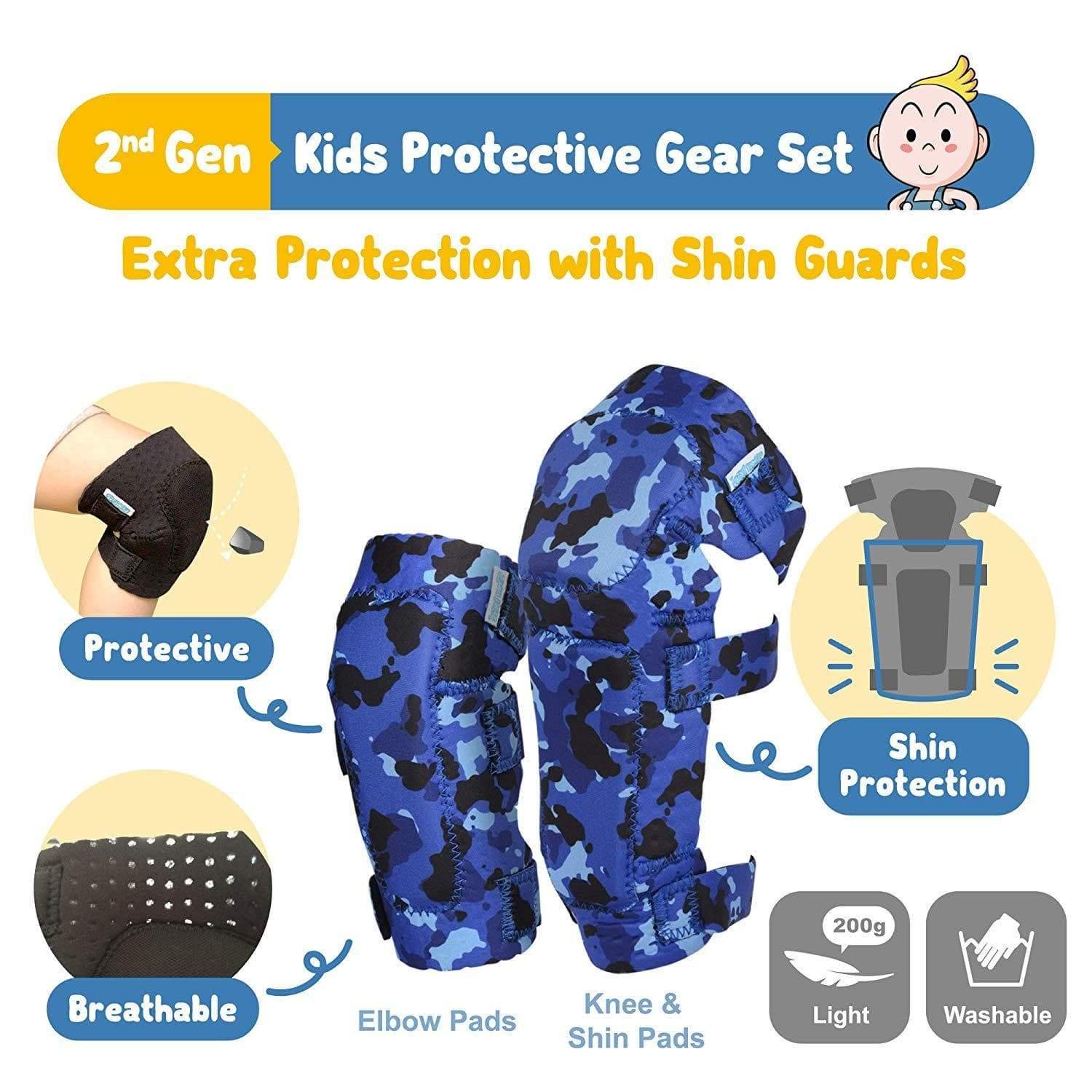 [2nd Gen.] Innovative Soft Kids Elbow and Knee Pads with Bike Gloves (Ocean Camouflage)